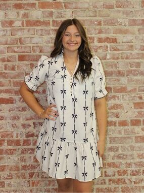 Beige Cute Bowknot Printed Bubble Sleeve V Neck Mini Dress